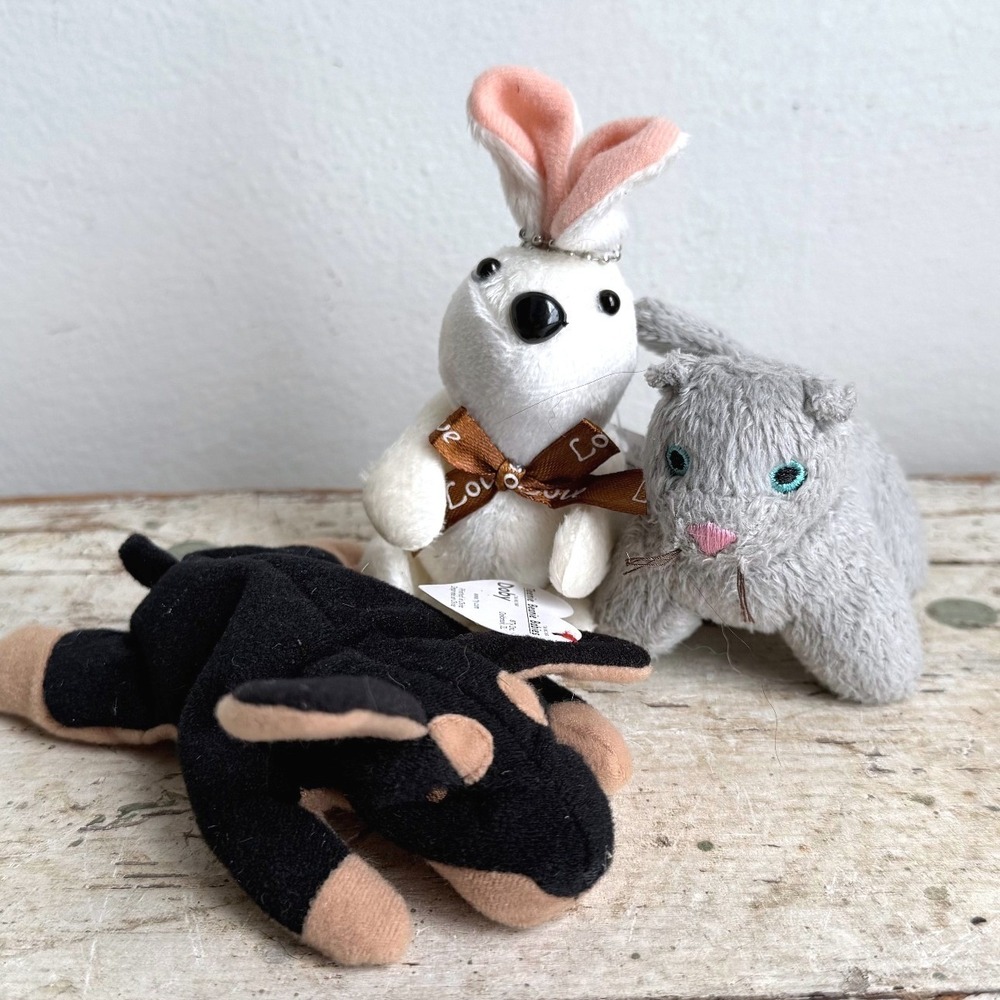 Ty Teenie Beanie Baby Doby Dog Battat Grey Kitten White Bunny Plush Lot 3